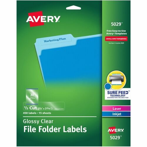 Avery Filing Labels, Laser/Inkjet, 2/3"x3-7/16", 450/PK, Clear