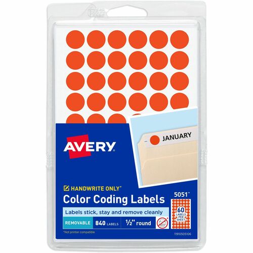 Avery Labels, Removable, 1/2" Round, 840/PK, Neon Red