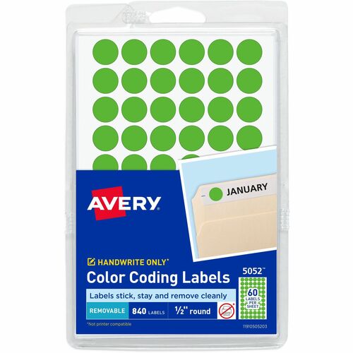Avery Labels, Removable, 1/2" Round, 840/PK, Neon Green