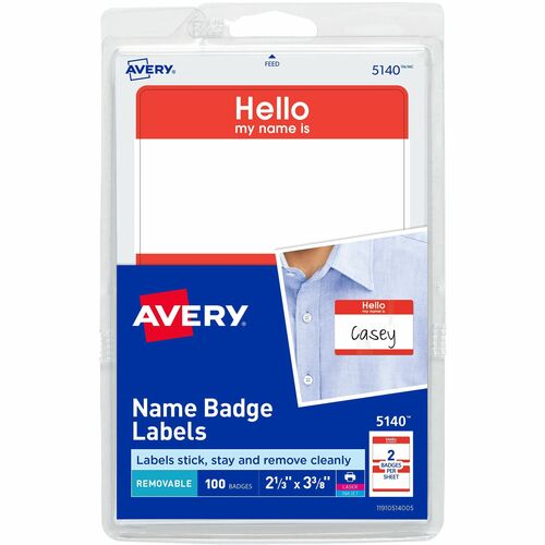 Avery Name Badge Labels,"Hello"/Name,2-1/3"x3-3/8",100/PK,Red