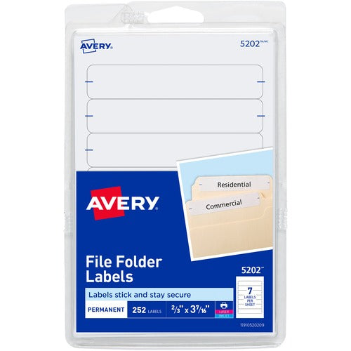 Avery Filing Labels, Permanent, 11/16"x3-7/16", 252/PK, White