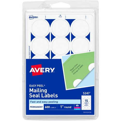 Avery Mailing Seals, 1" Round, 600/PK, White
