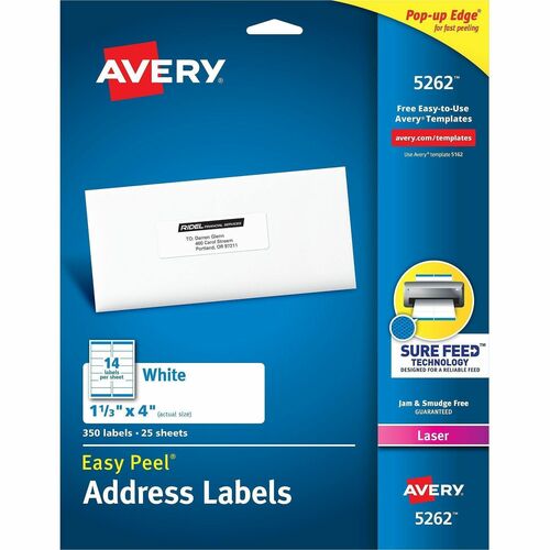 Avery Laser Labels, Mailing, 1-1/3"x4", 350/PK, White