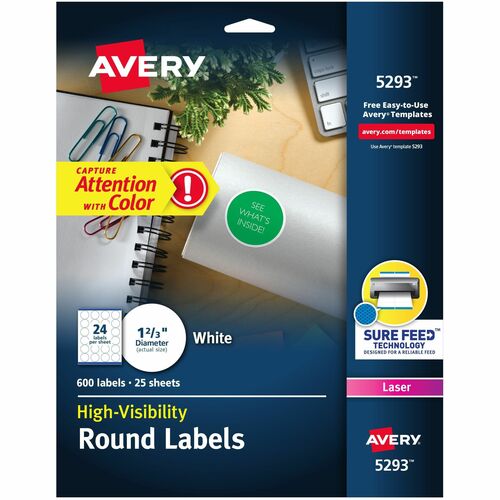 Avery Round Laser Labels, 1-5/8" Diameter, 600/PK, White