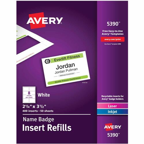 Avery Insert Badge Refill, Fits 2-1/4"x3-1/2", 8/Sht, 400/BX, WE