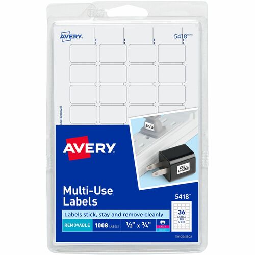 Avery Labels,Removable,Multipurpose,1/2"x3/4",1008/PK,White