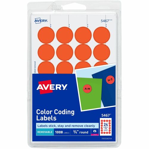 Avery Removable Labels, 3/4" Round, 1008/PK, Red Neon