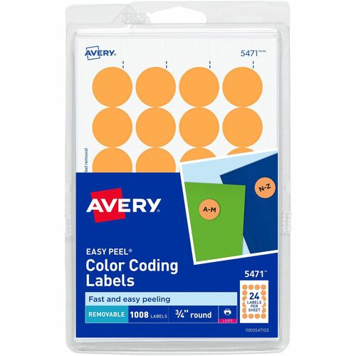 Avery Removable Labels, 3/4" Round, 1008/PK, Orange Neon