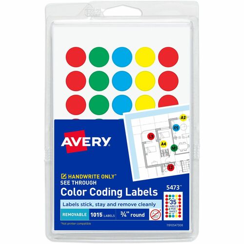 Avery Color-coding Labels, 3/4" Round, 1015/PK, AST Translucent