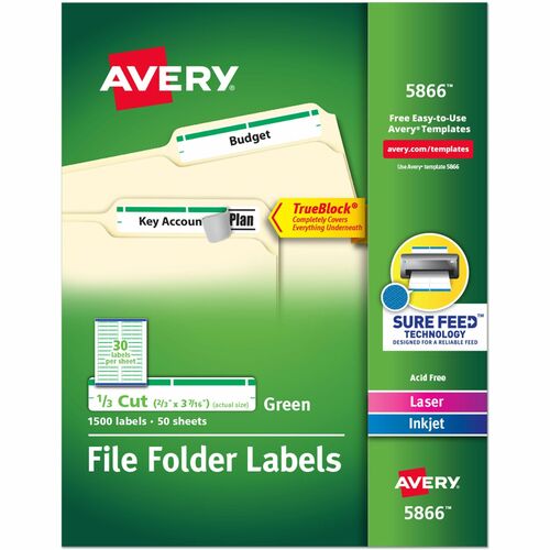 Avery Labels, Filing, TrueBlock, 1/3 Cut, 1500/BX, Green