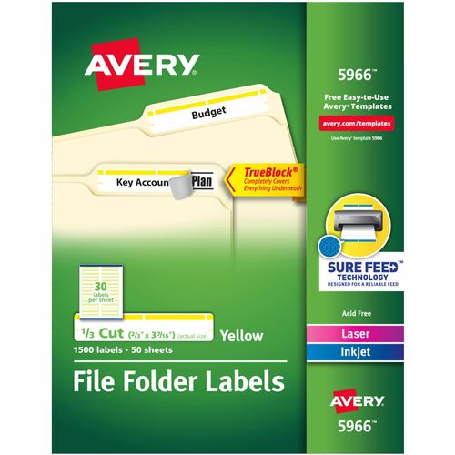 Avery Labels, Filing, TrueBlock, 1/3 Cut, 1500/BX, Yellow