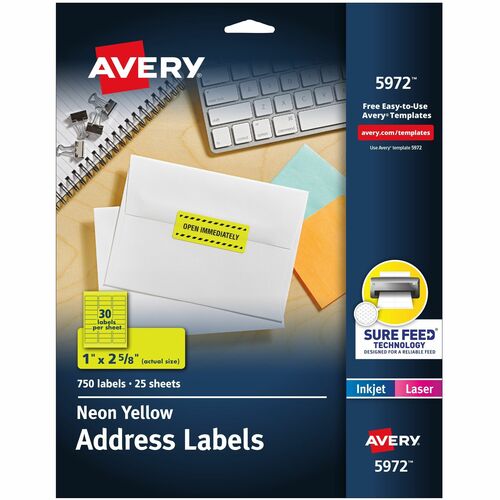 Avery Address Labels, Laser, 1"x2-5/8", 750/PK, Neon Yellow