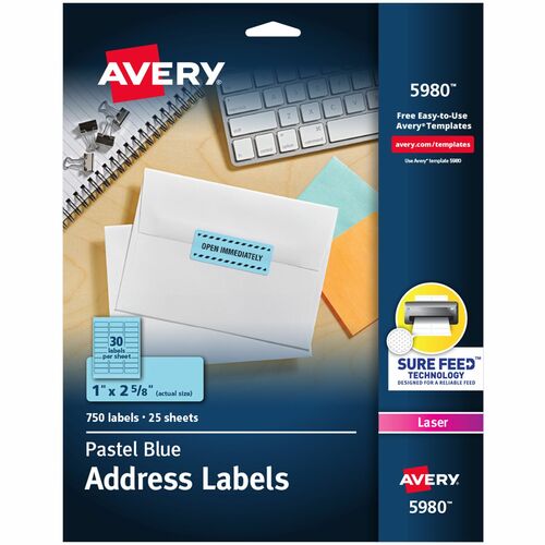 Avery Address Labels, Laser, 1"x2-5/8", 750/PK, Pastel Blue