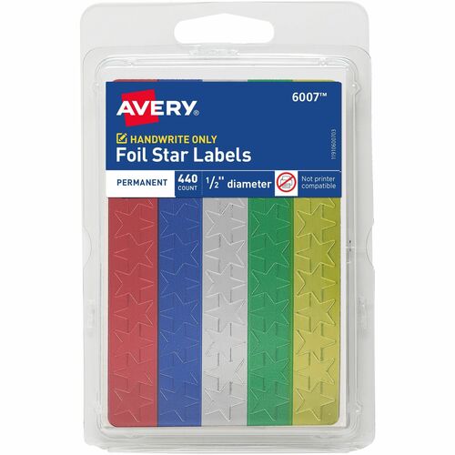 Avery Foil Star Stickers, 1/2", 440/PK, Red/GN/Gold/Silver/BE
