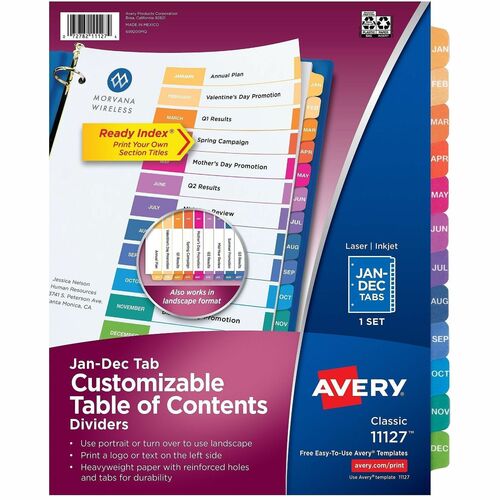 Avery Index Dividers,T/Contents,12-Tab, Jan-Dec,3HP,8-1/2"x11",MI