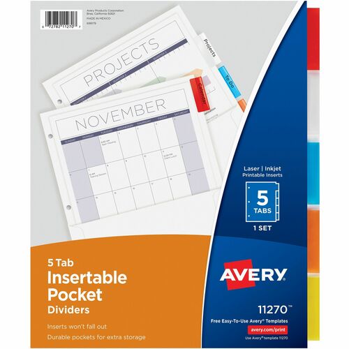 Avery Pocket Divider,w/Insertable Tabs,5-Tab,11"x8-1/2",5/ST,AST