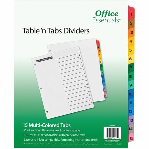 Avery Index Dividers, w/TOC, 1-15 Tab, Ltr, 1 Set, Multicolor