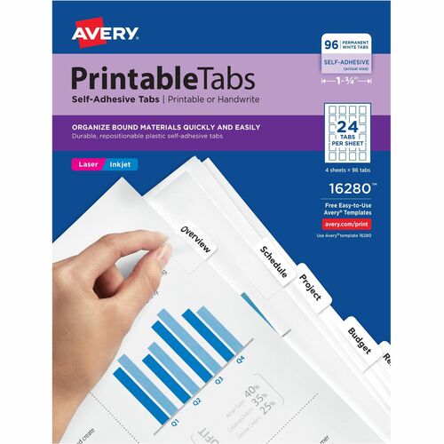 Avery Printable Tabs, Self-Adhesive, 96/PK, 1-1/4", White