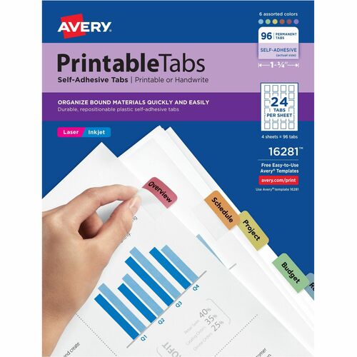 Avery Printable Tabs, Self-Adhesive, 96/PK, 1-1/4", Assorted