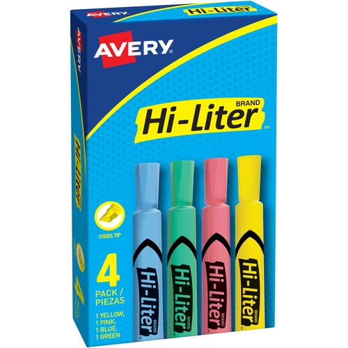 Avery Desk Style Highlighter, Chisel Pt, 4-Color Set, 4/BX, AST