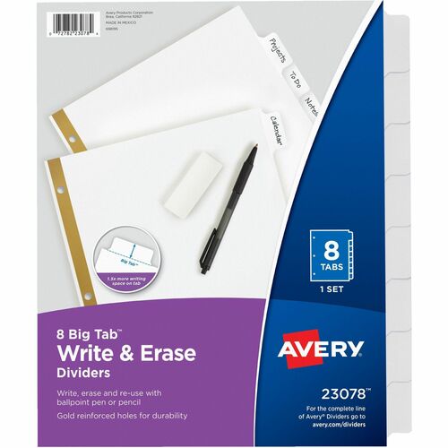 Avery Write-On Dividers,w/Erasable Tabs,8-Tab,11"x8-1/2",White