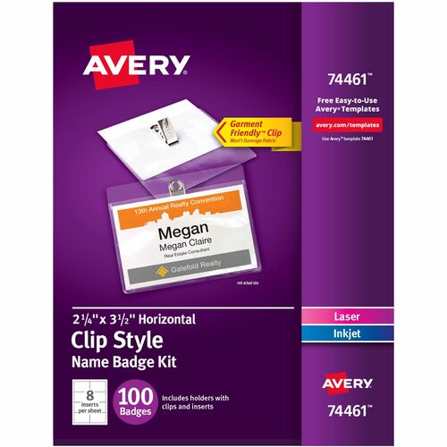 Avery Name Badges,w/ Clip,Top Load,2-1/4"x3-1/2",100/BX,White