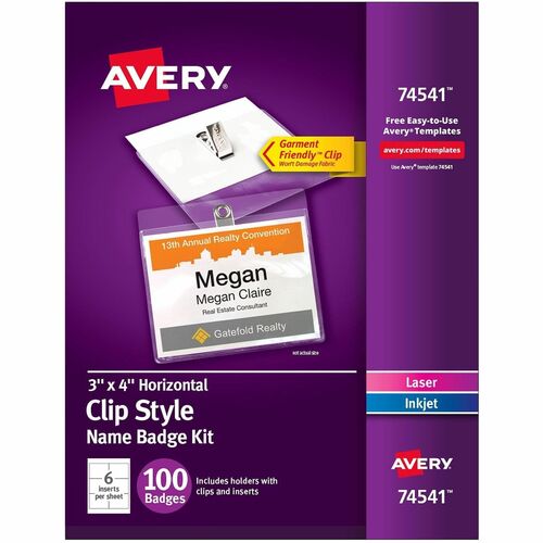 Avery Name Badges,w/ Clip,Top Load,3"x4",100/BX,White