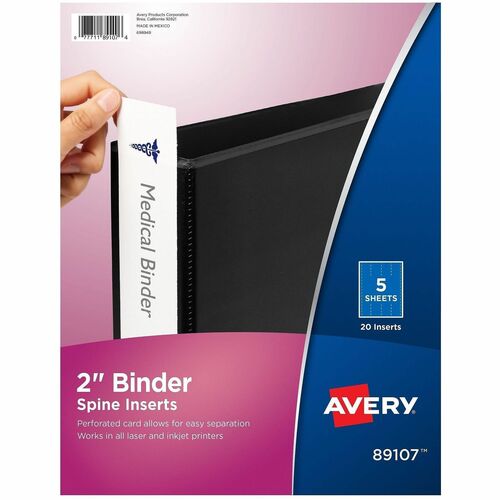 Avery Binder Spine Inserts, 2" Capacity, 20/PK, White