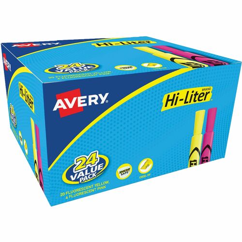 Avery Hi-Liter Value Pk, Chisel Tip, 24/BX, Fluorescent PK/YW