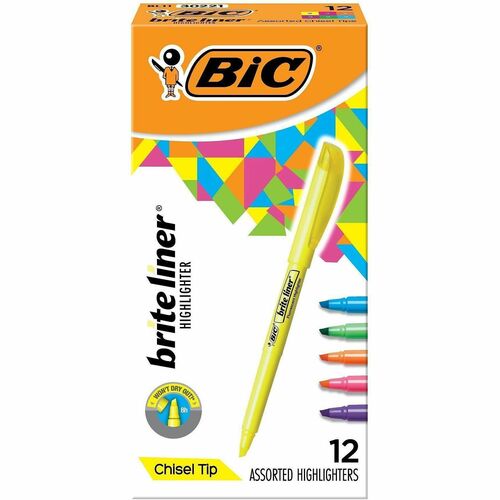 Bic Highlighters,w/Pocket Clip,Chisel Point,Nontoxic,12/BX,Asst.