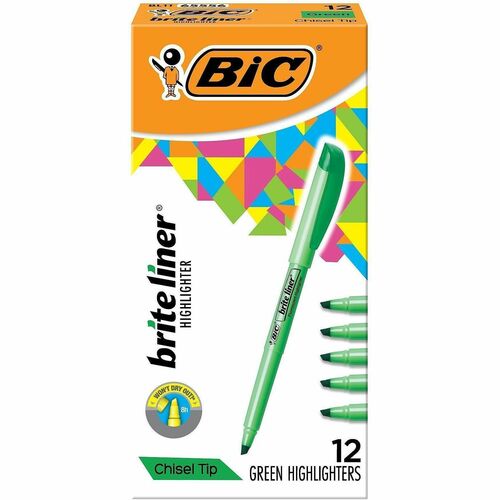 Bic Highlighter, w/Clip, Chisel Point, Nontoxic,Green