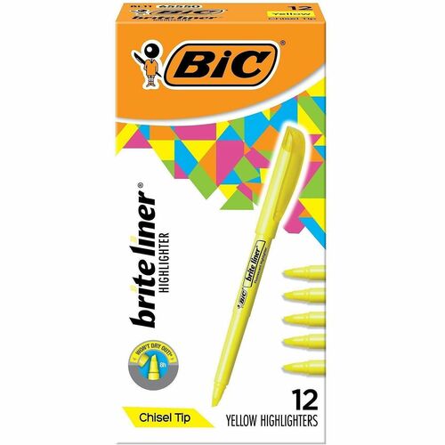Bic Highlighter, w/Clip, Chisel Point, Nontoxic, Yellow