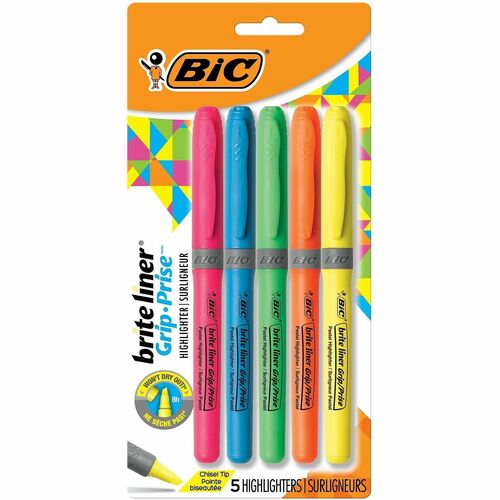 Bic Brite Liner Grip Highlighter, Chisel Tip, 5/ST, Assorted