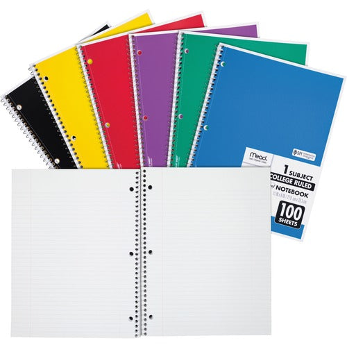 Mead Notebook, Spiral, 1-Subject,100 Sht, 8"x10-1/2",AST