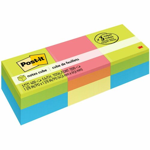 3M Post-it Note Cube,400 Sheets/Cube,2"x2",3/PK,Bright/Ast