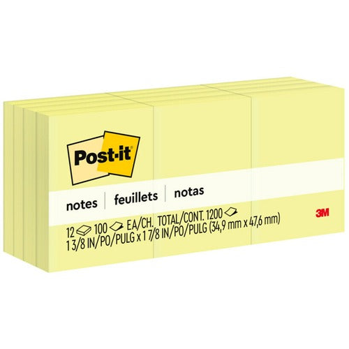 3M Post-it Notes,Original Pads,1-1/2"x2",100 SH/PD,12/PK,Canary