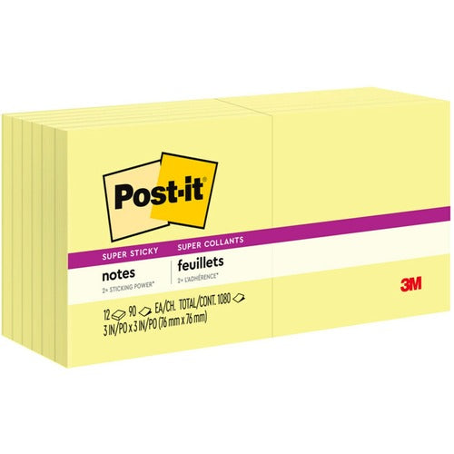 3M Super Sticky Pads, 90 Sheets/PD, 3"x3", 12/PK, Canary