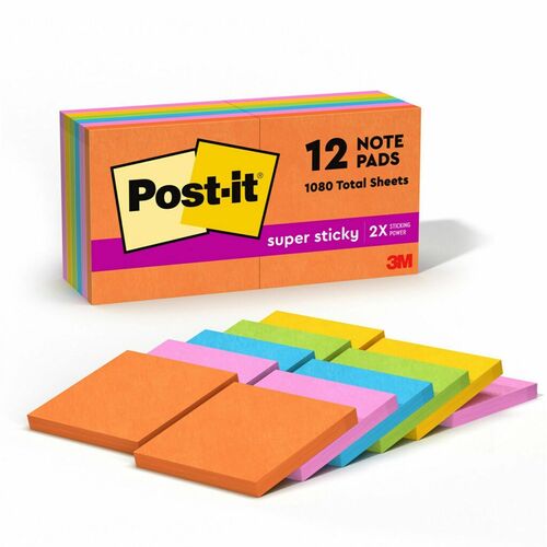 3M Super Sticky Pads,3"x3",90Sht/Pad,12/PK,Assorted