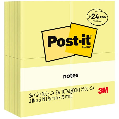 3M Post-it Notes, 100 Sheets/Pad, 24/PK, 3"x3", Canary