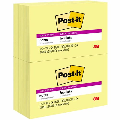 3M Super Sticky Pads, 90 Sheets/PD, 3"x5", 12/PK, Canary