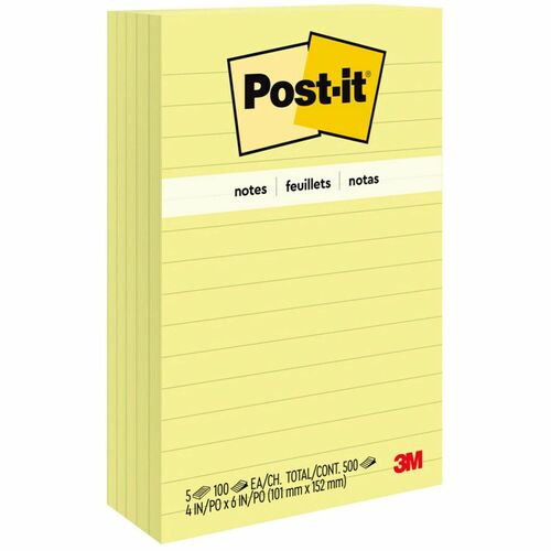 3M Post-it Notes, Lined, 100 Sh/Pad, 4"x6", 5/PK, Yellow