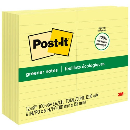 3M Post-it Notes, Lined, 4"x6", 100 Sh/PD, 12/PK, Canary YW