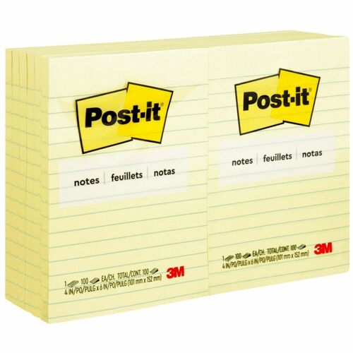 3M Post-it Notes, Lined, 100 Sht/Pad, 12/PK, 4"x6", Yellow