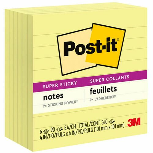 3M Super Sticky Pads,Lined,90 Sheets/PD,4"x4",6/PK,Yellow