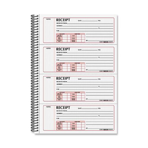 Rediform Receipt Book,Carbonless,2-Part,4/Page,2-3/4"x7",300Set/BK