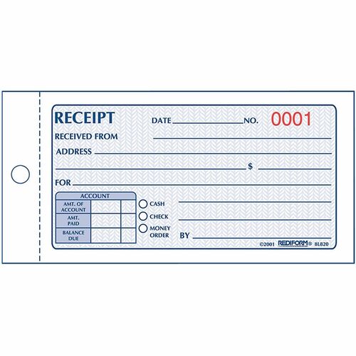 Rediform Money Receipt, Carbonless, 2 Parts, 2-3/4"x5", 50/BK