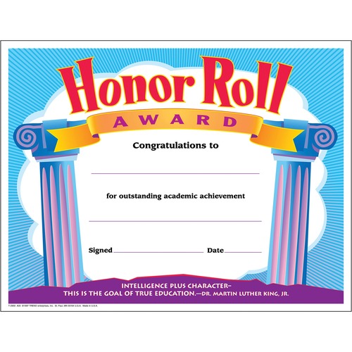 Trend Enterprises Certificate,Honor Roll,F/ 3rd-8th Grade,8-1/2"x11",30/PK,AST