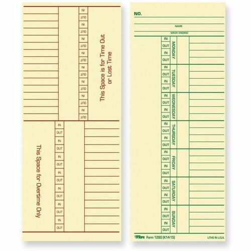 Tops Time Cards, 143 lb., Named Days, 3-3/8"x8-1/4", 100/PK