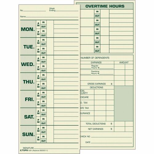 Tops Time Cards,Monday-Sunday,Overtime,500/BX,3-1/2"x8-1/2"