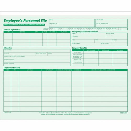 Tops Employee Record Folders,11-3/4"x9-1/2", 20/PK, Green